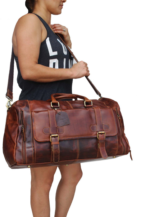 Full Grain Vintage Tan Distressed Leather Travel Weekender Bag Duffle 18AXD02TN