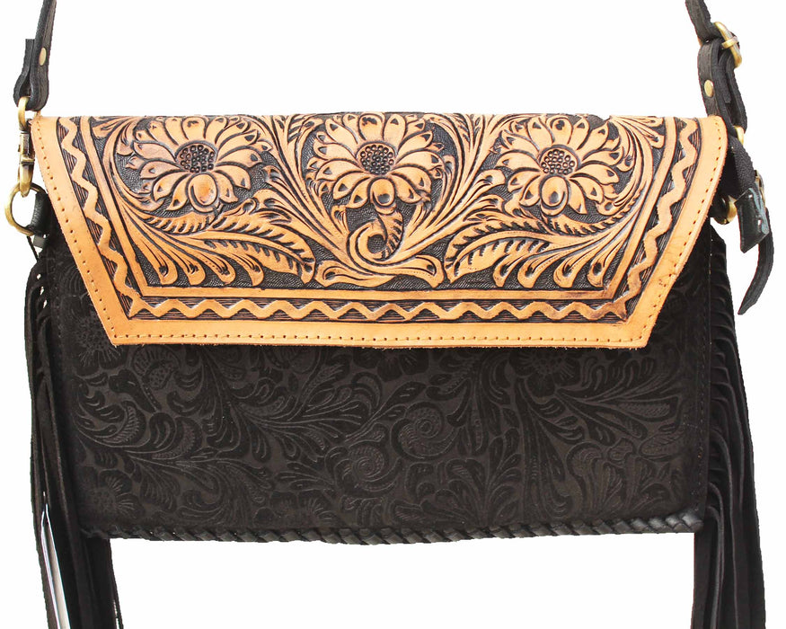 Western Genuine Leather Floral Tooled Fringe Womens Crossbody Bag 