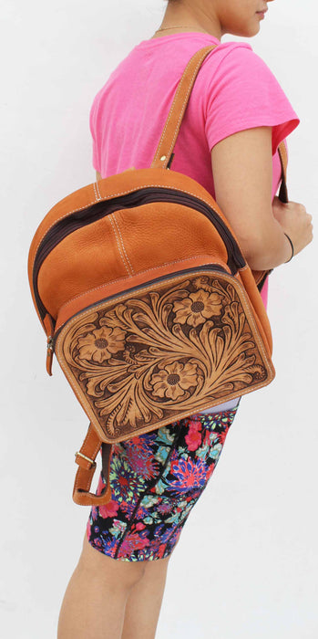 Western Floral Tooled Smooth Genuine Leather Backpack knapsack Shoulder Bag 18RTB01