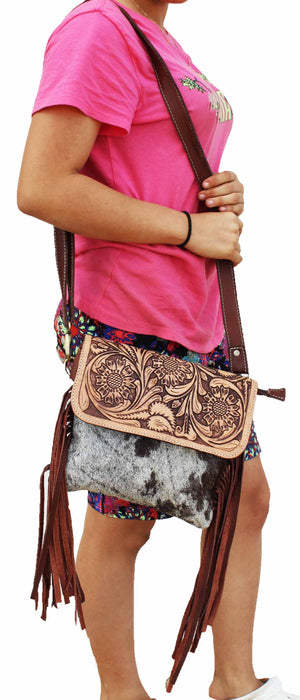 Women's Cowhide Western Sunflower Tooled Leather Shoulder Purse Handbag 18RTH04