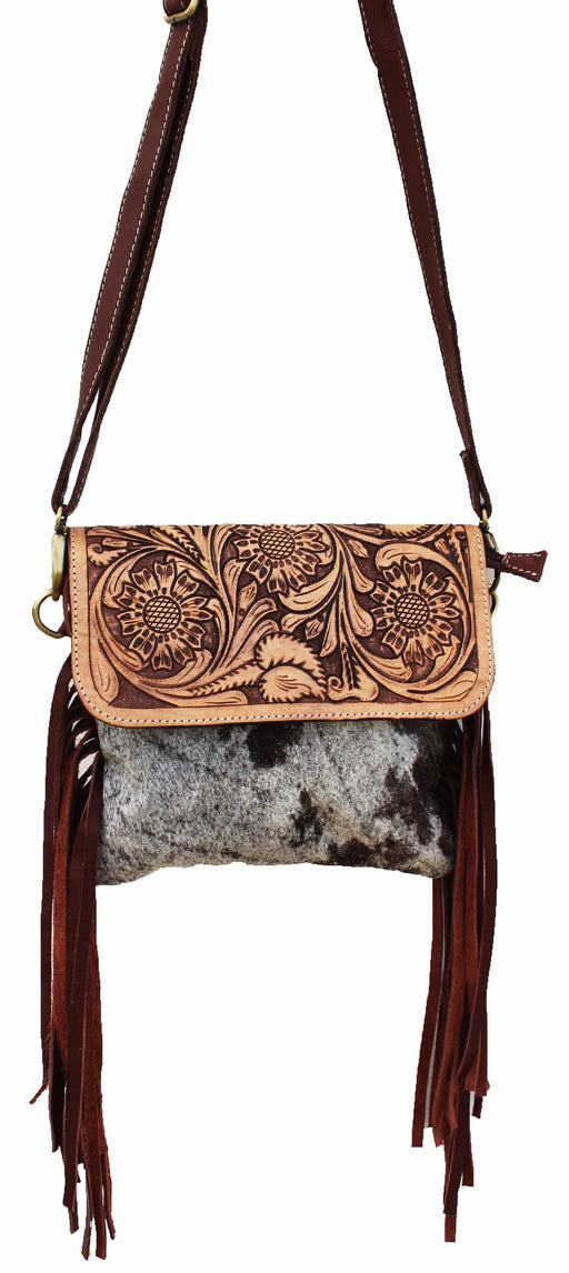 Women's Cowhide Western Sunflower Tooled Leather Shoulder Purse Handbag 18RTH04