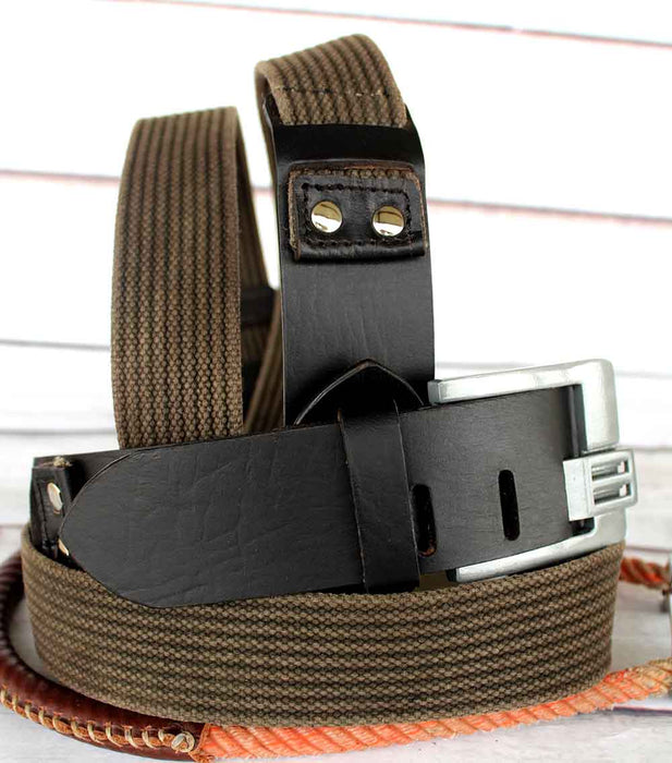 Mens Full Grain Cow Hide Leather & Canvas Belt Rugged Black 2605RS