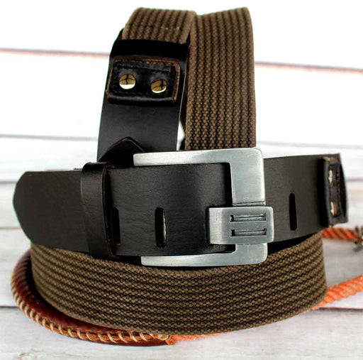 Mens Full Grain Cow Hide Leather & Canvas Belt Rugged Black 2605RS