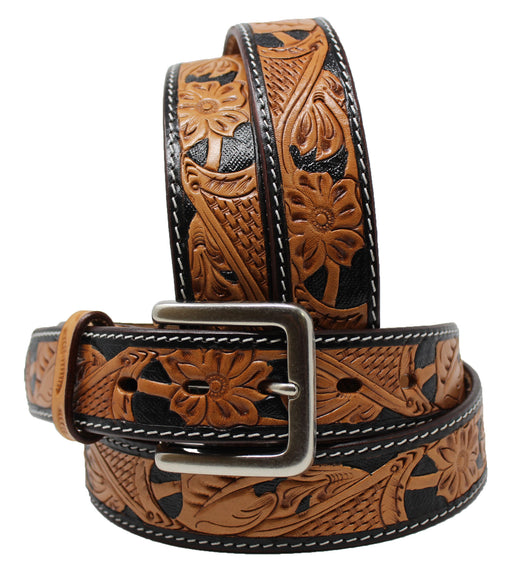 33-34 Men's Handmade Floral Tooled Black Inlay Western Leather Belt 2609RS04