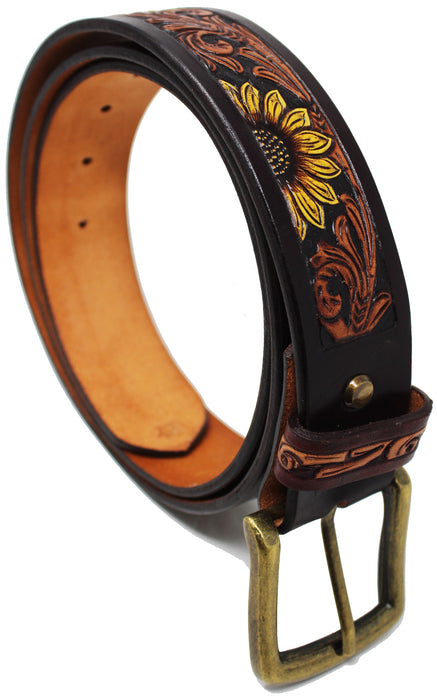 Western 1 1/2" Wide Rodeo Fashion Sunflower Tooled Leather Belt 26FK09