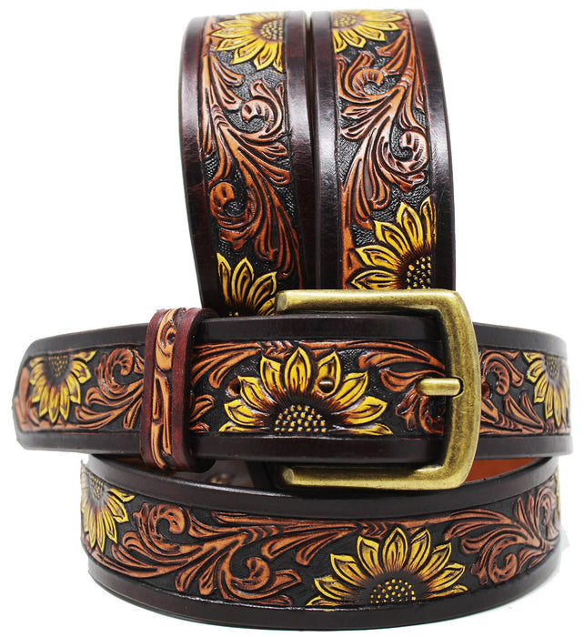 Western 1 1/2" Wide Rodeo Fashion Sunflower Tooled Leather Belt 26FK09