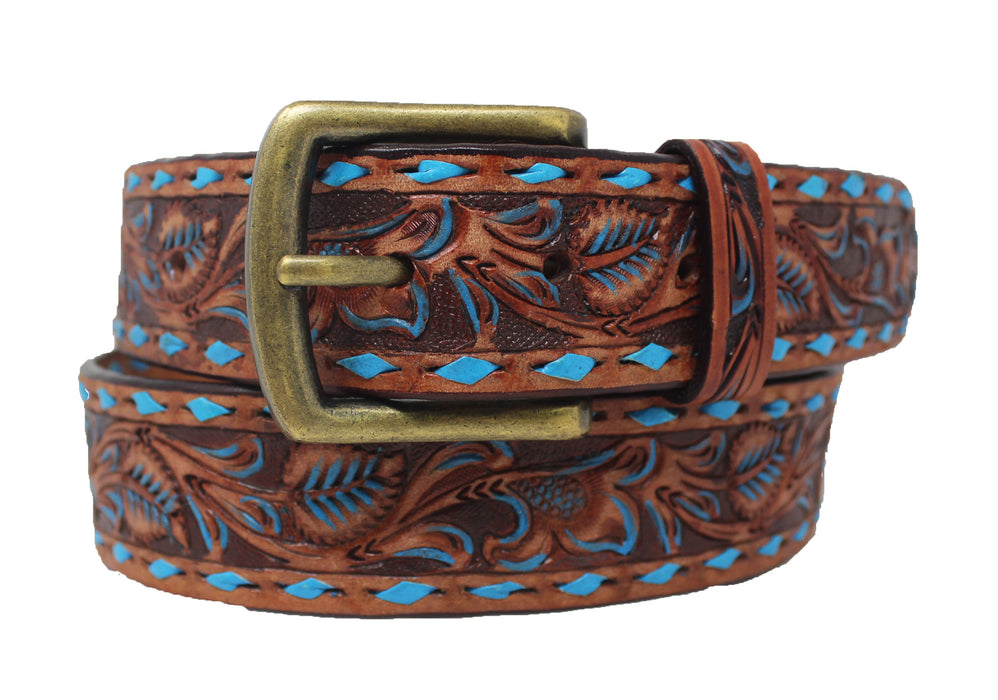 Men's 1 1/2" Wide Tan Leather Floral Tooled Casual Jean Belt 26FK15