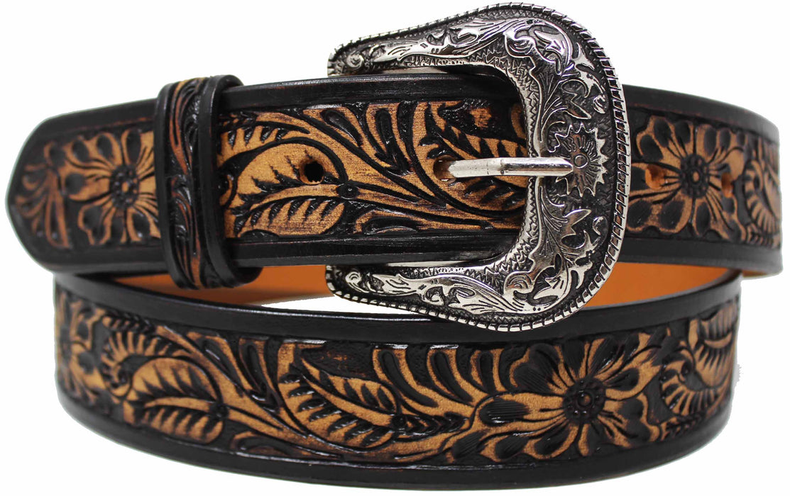 Men's 1 1/2" Wide Tan Leather Floral Tooled Casual Jean Belt 26FK19
