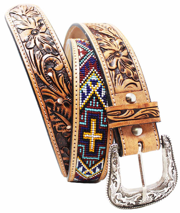 Western Two-Tone Floral Tooled Beaded Full-Grain Leather Belt 26FK29