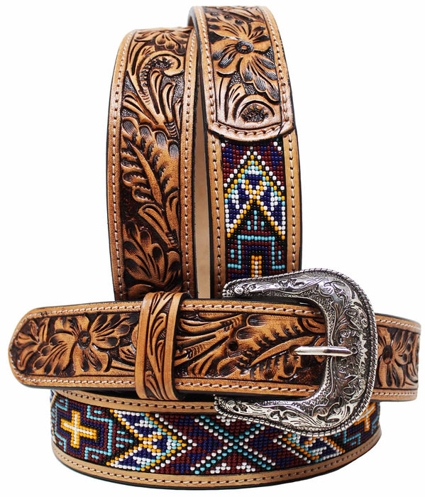 Western Two-Tone Floral Tooled Beaded Full-Grain Leather Belt 26FK29