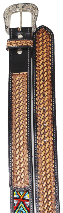 Western Antique Basket Weave Tooled Beaded Full-Grain Leather Belt 26FK49