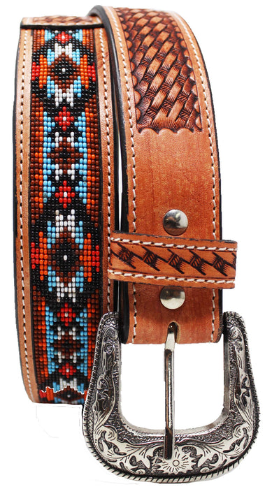 Western Antique Basket Weave Tooled Beaded Full-Grain Leather Belt 26FK50