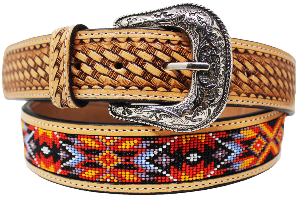 Western Antique Basket Weave Tooled Beaded Full-Grain Leather Belt 26FK51