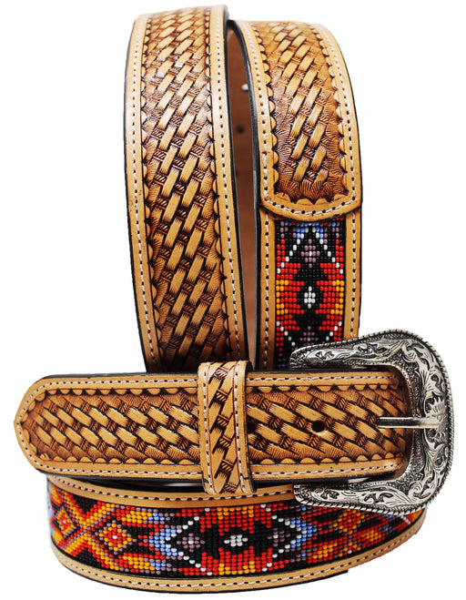 Western Antique Basket Weave Tooled Beaded Full-Grain Leather Belt 26FK51