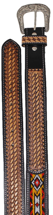 Western Antique Basket Weave Tooled Beaded Full-Grain Leather Belt 26FK52