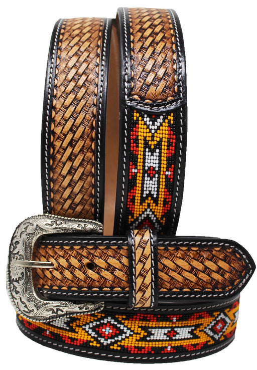 Western Antique Basket Weave Tooled Beaded Full-Grain Leather Belt 26FK52