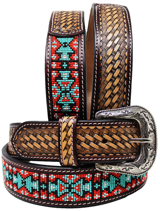 Western Antique Basket Weave Tooled Beaded Full-Grain Leather Belt 26FK54