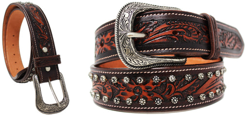 Western Heavy Duty Unisex Genuine Leather Floral Tooled Belt Brown 26JQ01