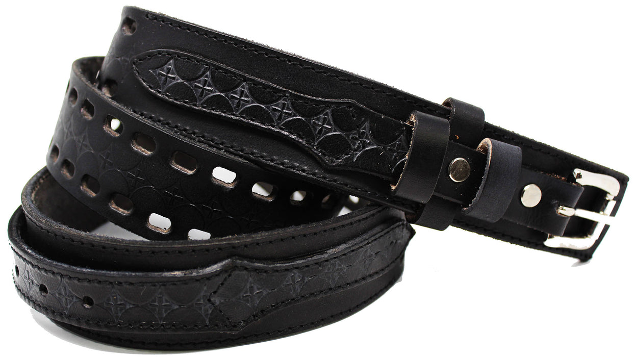 Men's 100% Leather Double Hole Casual Jean Ranger Belt Cross Black 12RAA23