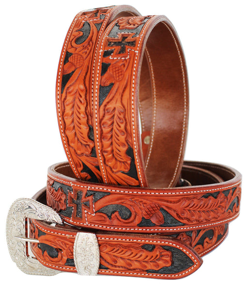 Men's Women Genuine Hand Tooled Floral Cross Heavy Duty Leather Belt 26RT03