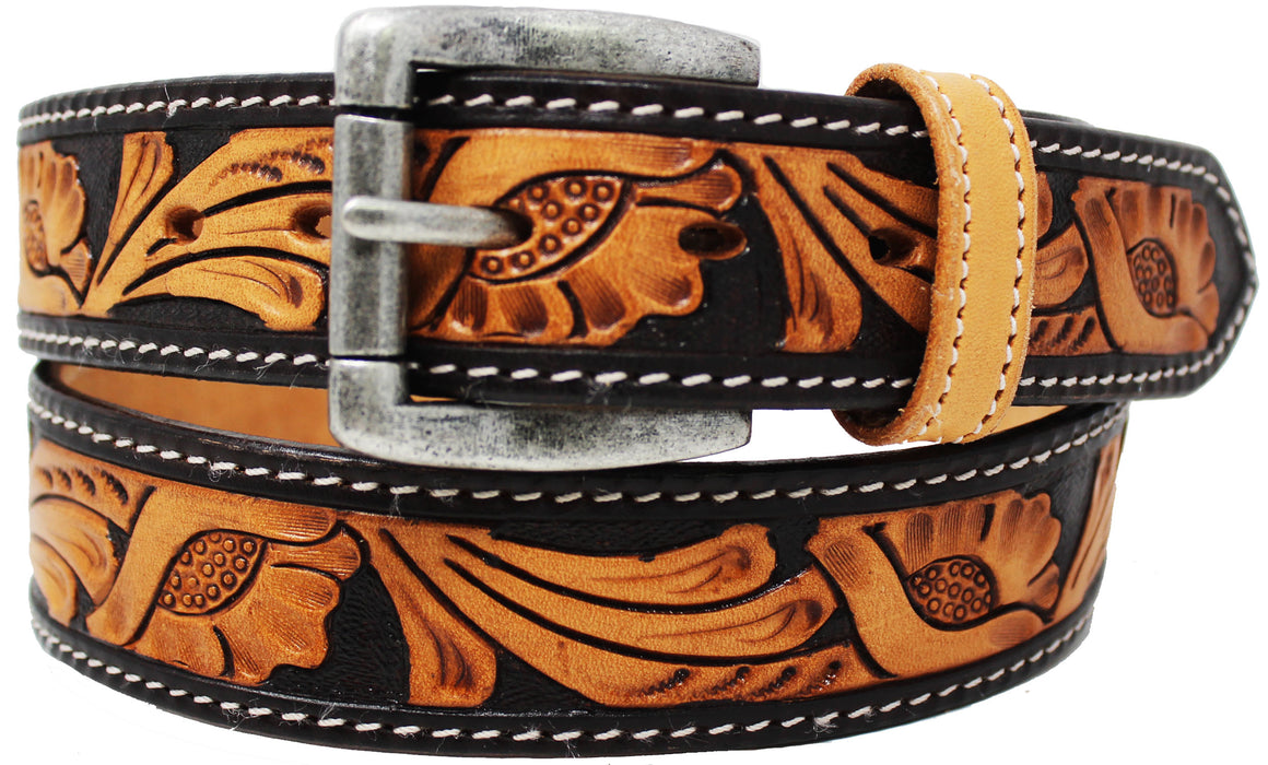 Men's 1.5" wide Western Tooled Floral Genuine Leather Belt 26RT07
