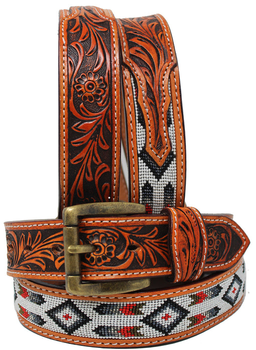 Unisex 1.5" Western Floral Tooled Beaded Full-Grain Leather Belt 26RT33