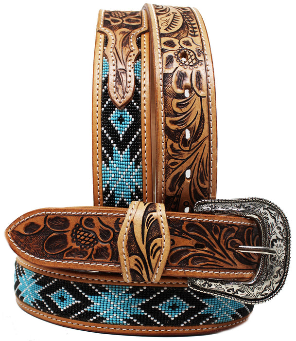 Unisex 1.5" Western Floral Tooled Beaded Full-Grain Leather Belt 26RT38