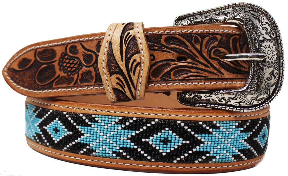 Unisex 1.5" Western Floral Tooled Beaded Full-Grain Leather Belt 26RT38