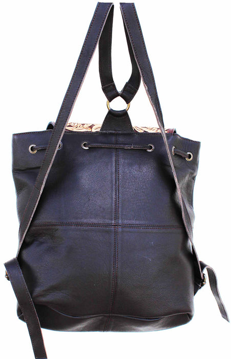 Western Floral Tooled Smooth Genuine Leather Backpack Shoulder Book Bag 27FK84