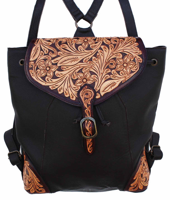 Western Floral Tooled Smooth Genuine Leather Backpack Shoulder Book Bag 27FK84