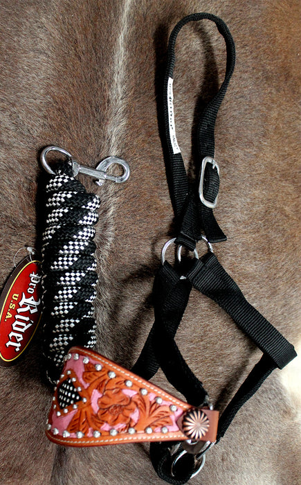 Horse Noseband Tack Bronc Leather HALTER Tiedown Lead Rope  28003