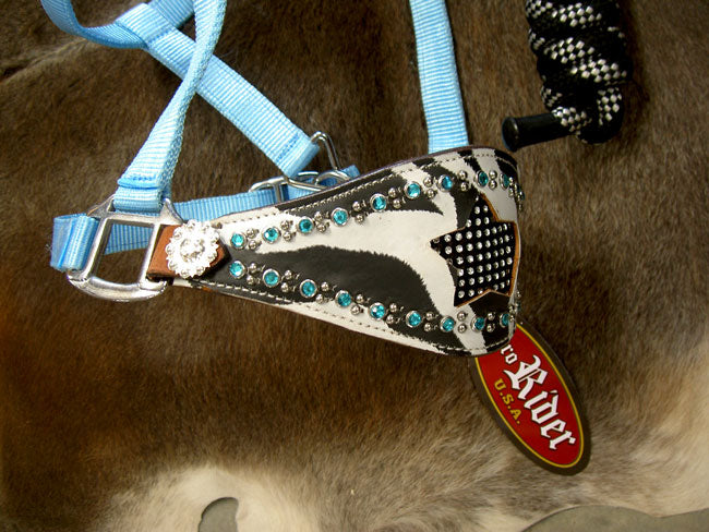 Horse Noseband Tack Bronc Leather HALTER Tie down Lead Rope Turquoise 280102