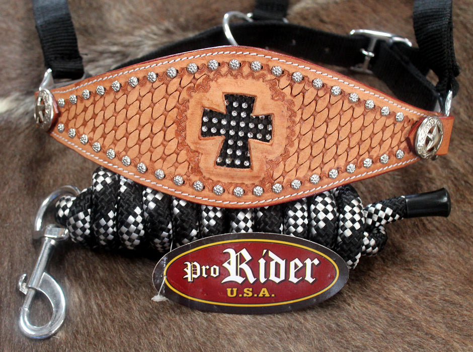 Horse  Noseband Tack Bronc Leather HALTER Tiedown Lead Rope  280259