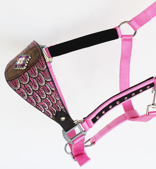 Horse Noseband Tack Bronc Leather HALTER Tiedown Lead Rope Pink 280M25