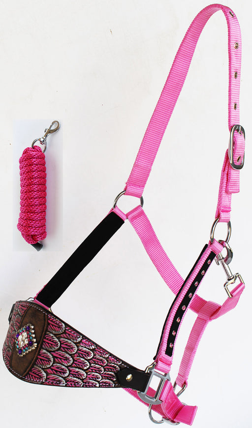 Horse Noseband Tack Bronc Leather HALTER Tiedown Lead Rope Pink 280M25