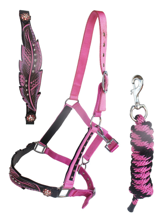Horse Noseband Tack Bronc Leather HALTER Tiedown Lead Rope Pink 280M34