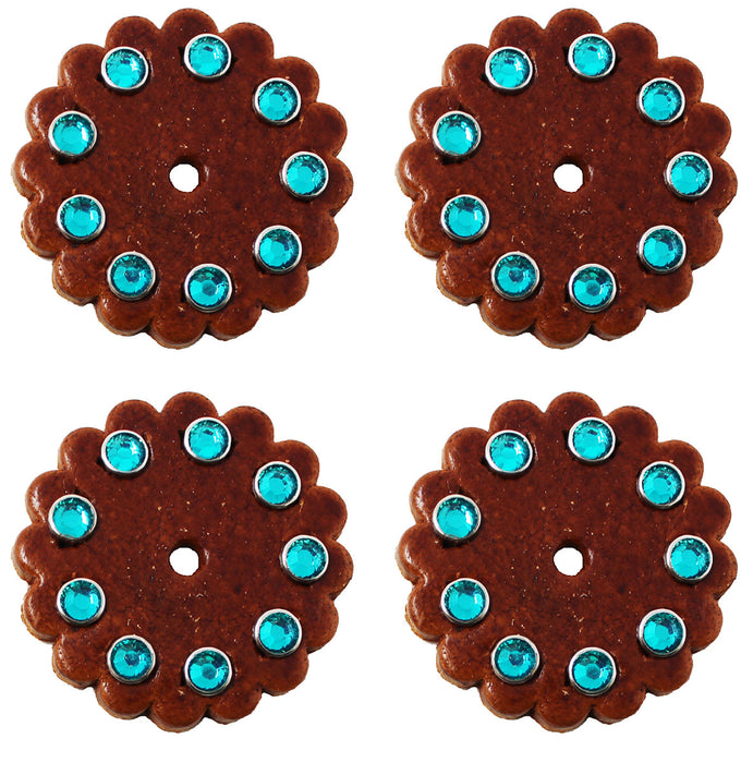 Set of 4 Horse Western Tack Hardware Leather Concho Studded Rosettes Brown 40208