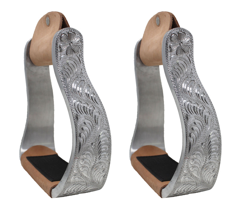 Western Saddle Engraved Aluminum Horse Riding Stirrups w/ Leather Tread 51155