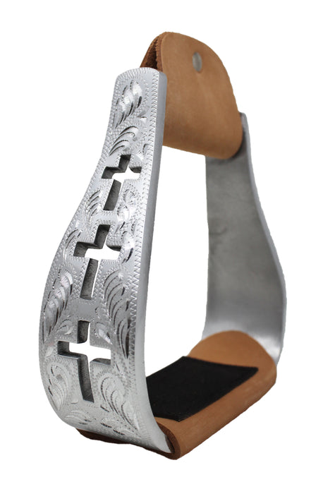 Horse Saddle Stirrups Western Cross Engraved Angled Aluminum Stirups 51218