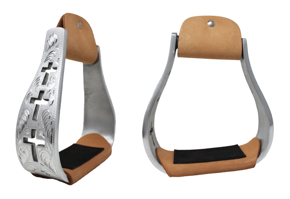 Horse Saddle Stirrups Western Cross Engraved Angled Aluminum Stirups 51218