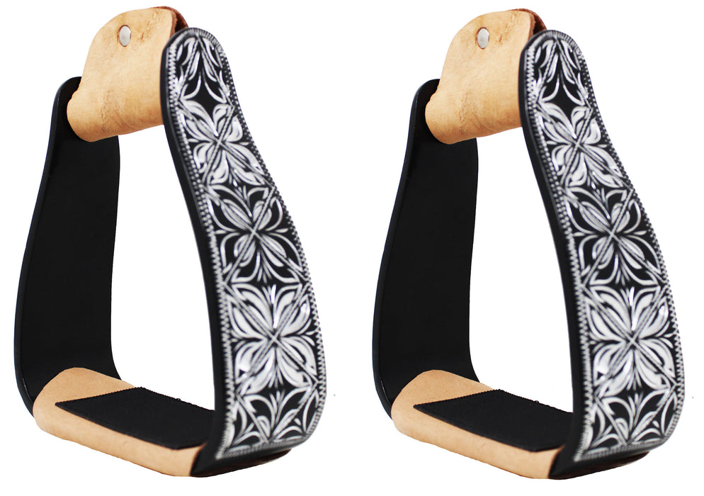 Horse 5" Black Aluminum Engraved Slanted Offset Western Horse Saddle Stirrups 51220