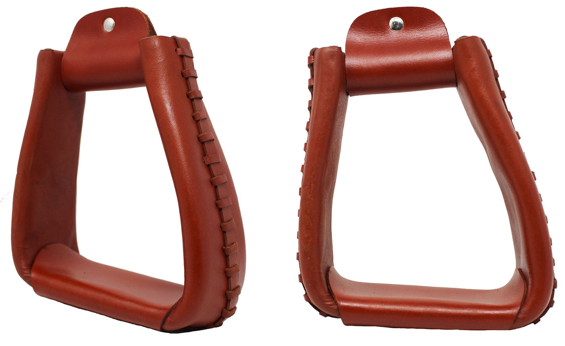 Western Horse Saddle Tack Leather Covered Angled Sloped Stirrups Tan 5155
