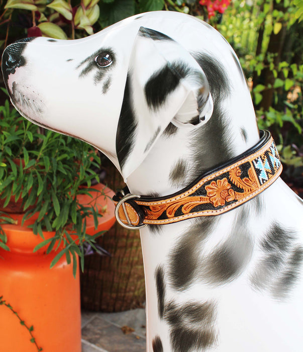 Hand Tooled Beaded Padded Leather Dog Collar  60125