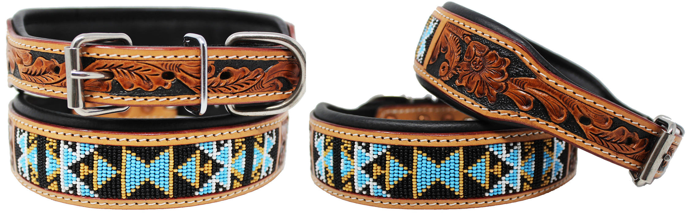 Hand Tooled Beaded Padded Leather Dog Collar  60125
