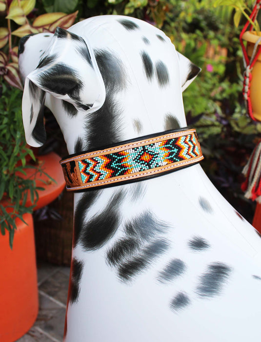 Hand Tooled Beaded Padded Leather Dog Collar  60163