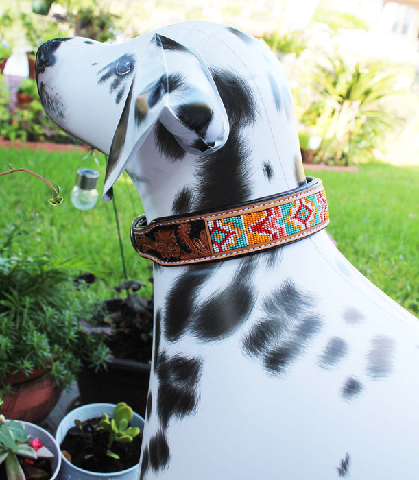 Hand Tooled Beaded Padded Leather Dog Collar  60164