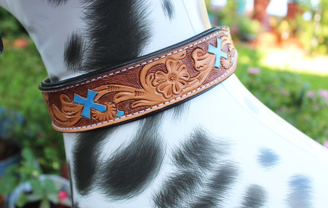 Padded Leather Dog Collar Beaded Floral Hand Tooled 60184