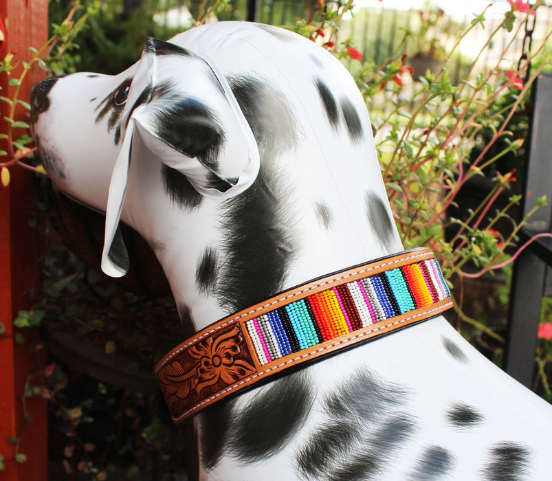 Dog Puppy Serape Beaded Genuine Padded Leather Collar 60191