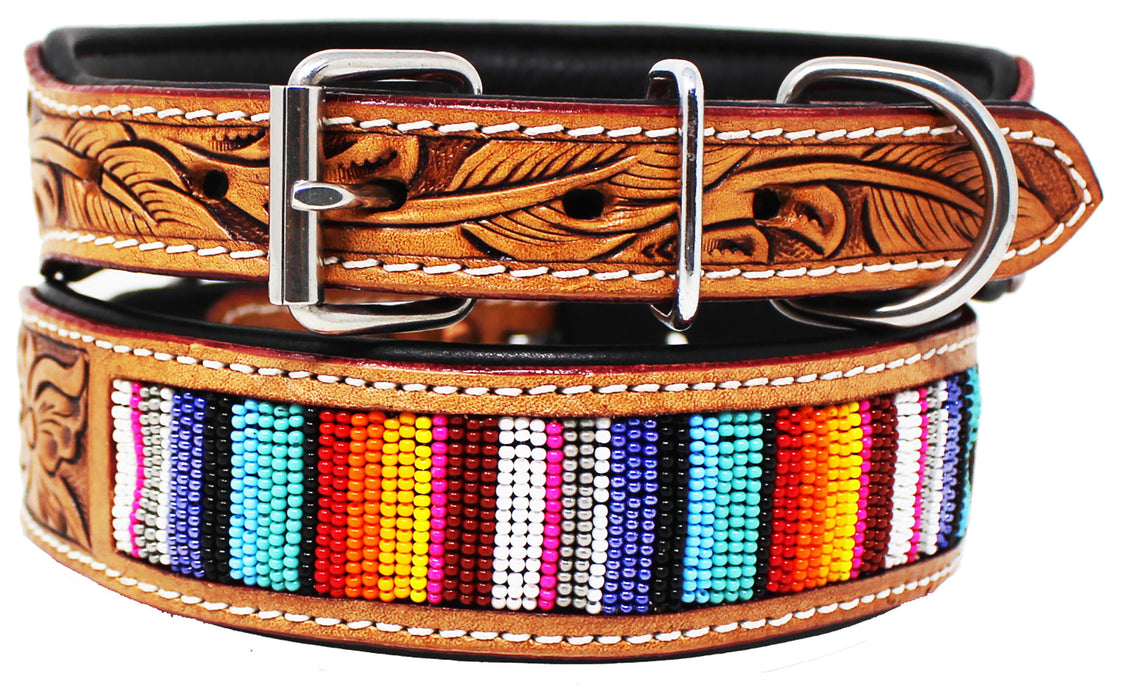 Dog Puppy Serape Beaded Genuine Padded Leather Collar 60191