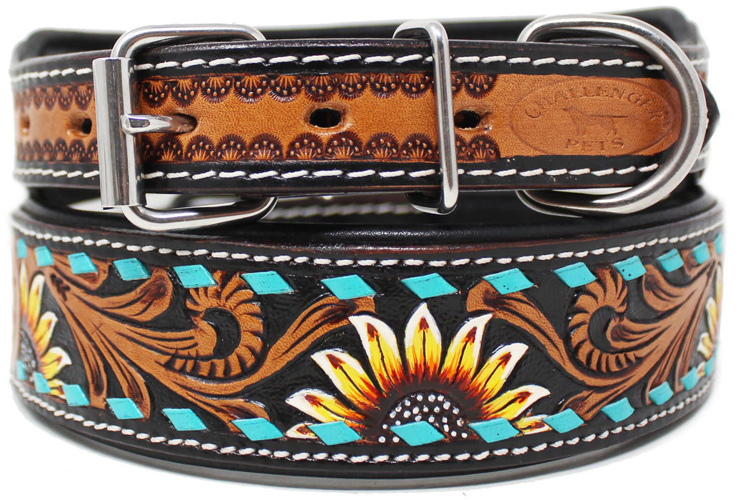 Sun Flower Tooled Padded Leather Dog Puppy Collar 60198